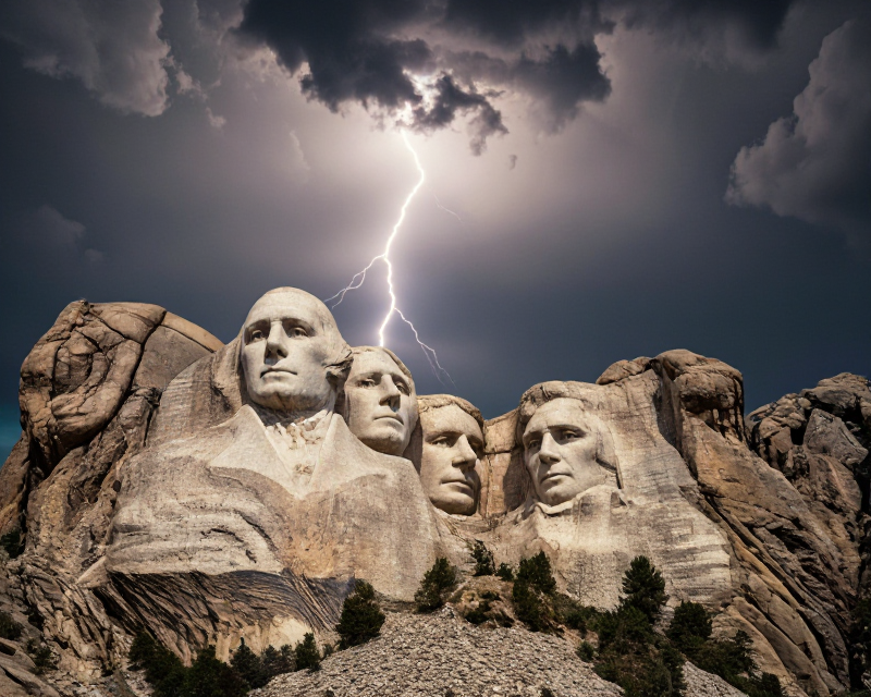 Mount Rushmore under dramatic storm