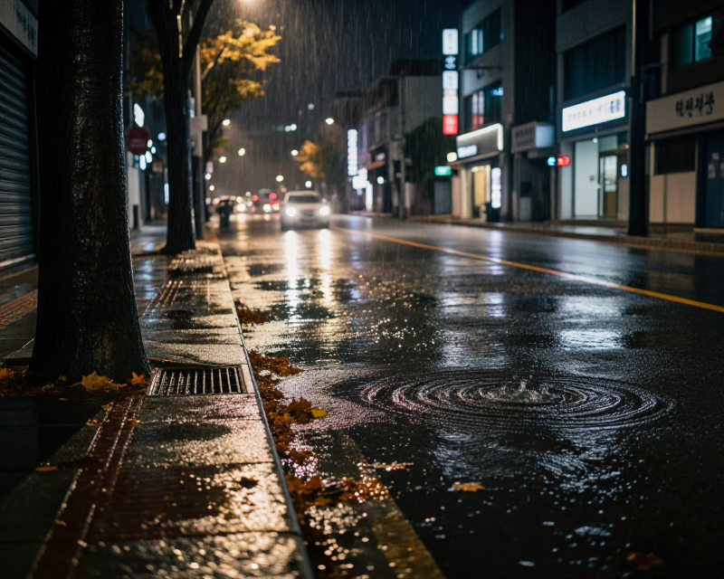 Flooded Seoul Street at Night